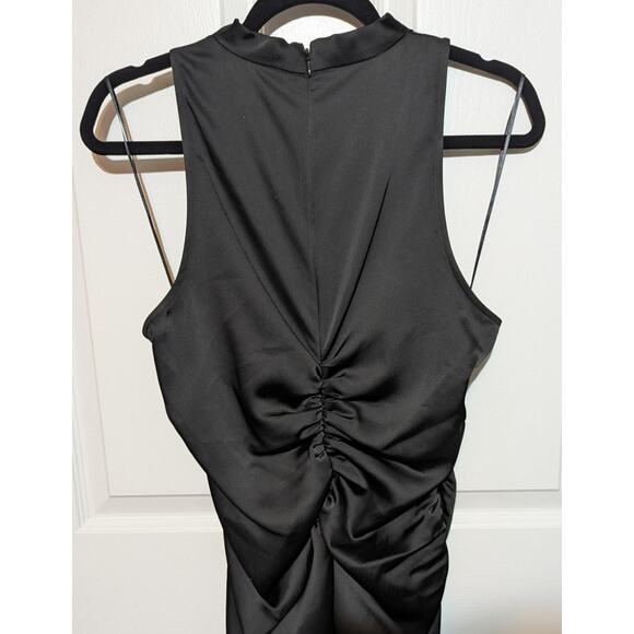 CeCe Black Satin Mock Neck Sleeveless Drape Ruched Sheath Midi Dress Size 10 - Picture 8 of 11